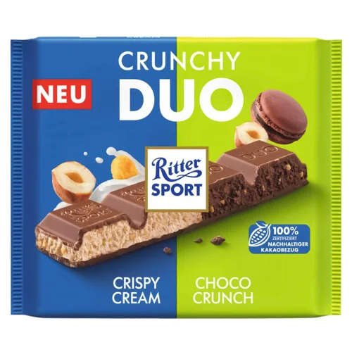 Шоколад молочний Ritter Sport Crunchy Duo зі шматочками мигдалевого печива, фундуком та кукурудзяними пластівцями 218г