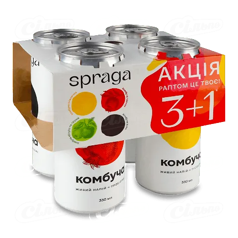 Напій Лавка традицій Spraga Комбуча солодка газована в залізній банці 3+1, 4*330мл