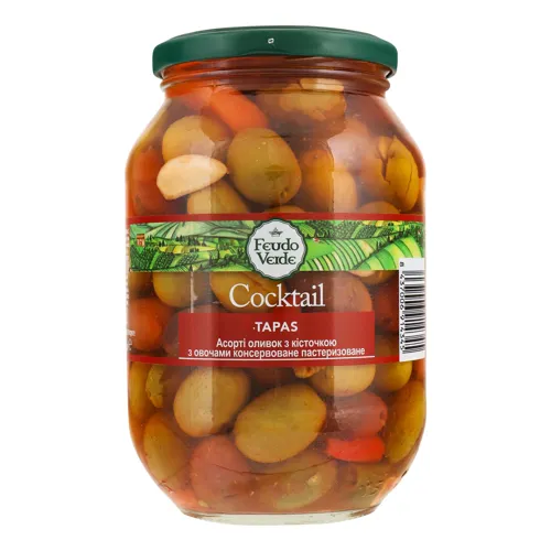 Оливки асорті з кісточкою з овочами Tapas Cocktail Feudo Verde 840г