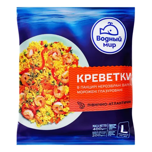 Креветки 70/90 в панцирі нерозібрані Водний Світ в/м м/у 400г