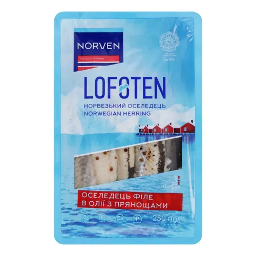 Оселедець філе в олії з прянощами Lofoten Norven лоток 250г