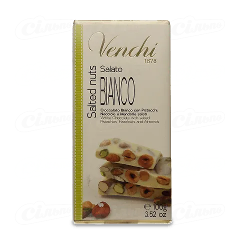 Шоколад білий Venchi з фундуком, фісташками та мигдалем, 100г