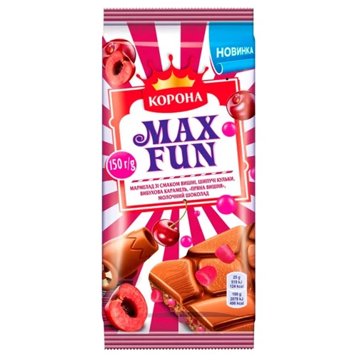 Шоколад молочний Корона Max Fun вишня 150г