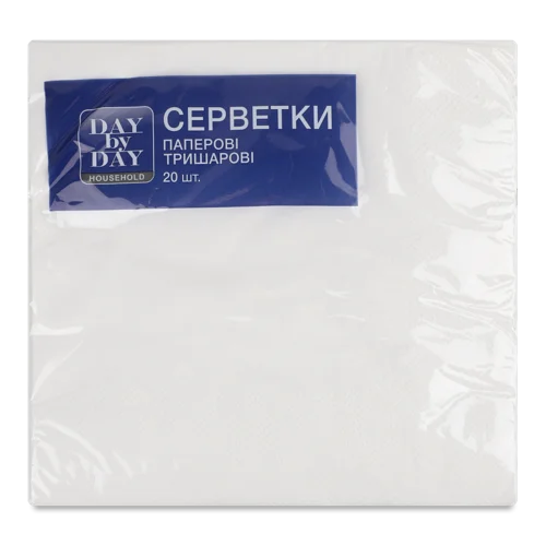 Серветки паперові 3-шарові з тисненням по периметру біли 33x33см, Day by Day, 20шт