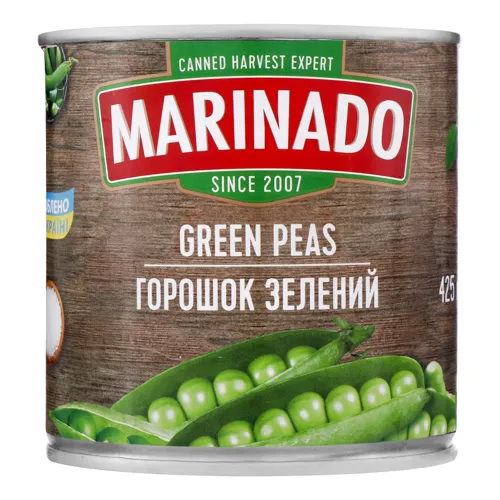 Горошок зелений консервований Маринадо з залізної банки 410г