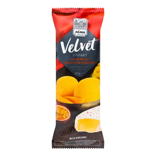 Морозиво 0% ескімо сорбет в білій шоколадній глазурі з пластівцями малини Манго-маракуйя Velvet Лімо м/у 80г