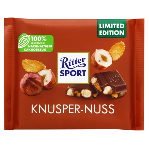 Шоколад молочний Ritter Sport з цілим фундуком та та кукурудзяними пластівцями 100г