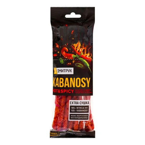 Снеки зі свинини зі смаком гострого перцю чилі Hot&Spicy Kabanosy Дмитрук в/к м/у 100г