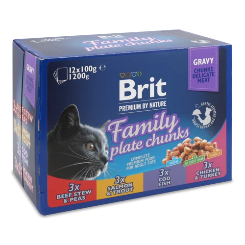 Вологий Повнораціонний Корм для Дорослих Котів Family Plate Chunks Premium by Nature Brit к/у, 12х100г
