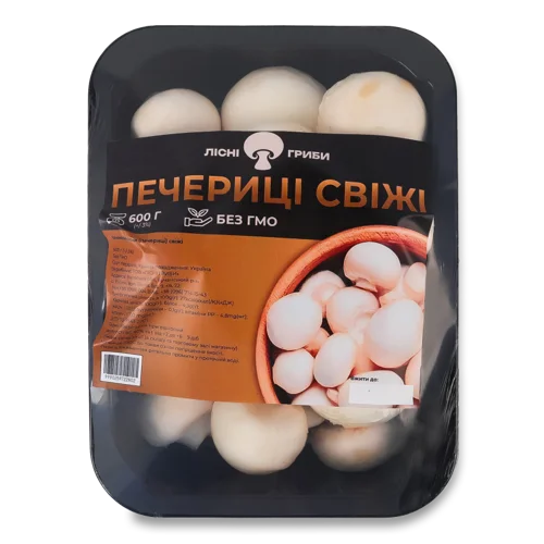 Гриби Печериці Свіжі В/ґ, ТОВ Лісні Гриби, Лоток 600г