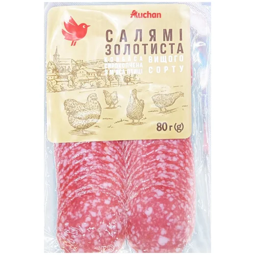 Ковбаса Auchan Салямі Золотиста сирокопчена 80г