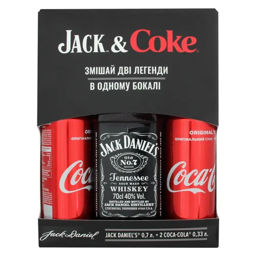 Набір Jack Daniel's & Coca-Cola Віскі Jack Daniel's Old No.7 40% 0,7л + Напій Coca-Cola безалкогольний сильногазований 0,33л*2шт
