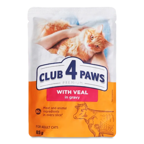Корм Консервований Для Дорослих Котів З Телятиною В Соусі Premium Club 4 Paws, з/б, 85г