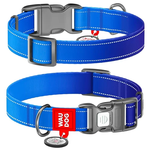 Нашийник для собак Waudog Mono Nylon з QR паспортом світловідбивний синій M 28-40см