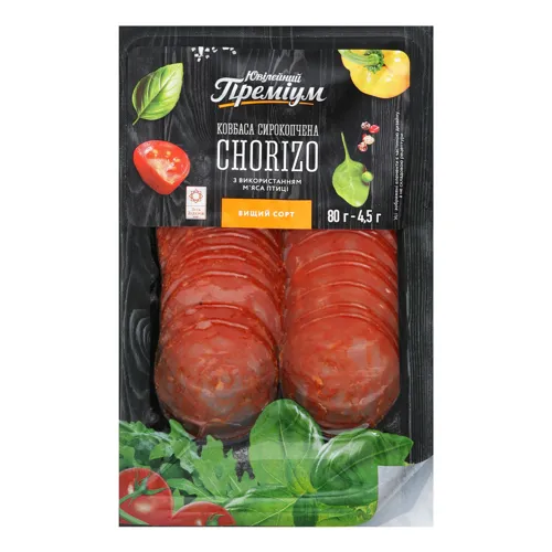 Ковбаса з використанням м'яса птиці Chorizo Ювілейний Преміум с/к в/у 80г