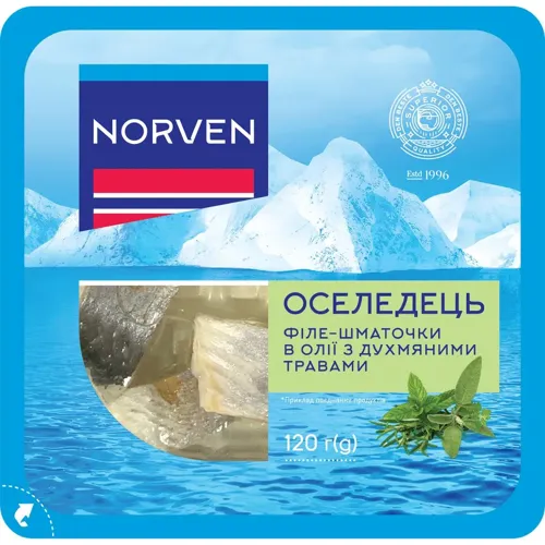 Оселедець Norven філе-шматочки в олії з духмяними травами 120г