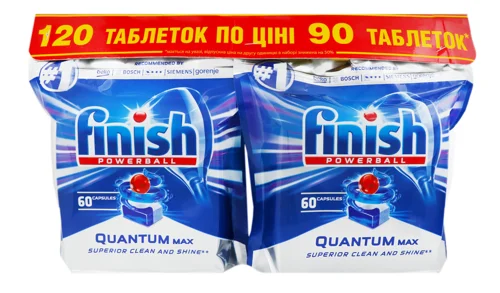 Засіб для посуду FINISH Quantum Таблетки для посудомийної машини, 60+60 шт, знижка 50%