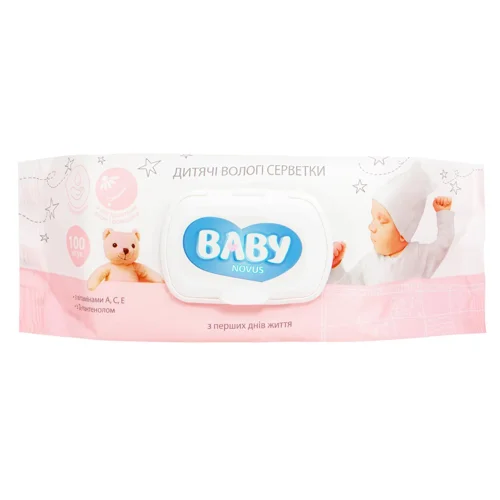 Серветки вологі Novus Baby дитячі алое та ромашка з вітамінами А, С, Е та Д-пантенолом 100шт