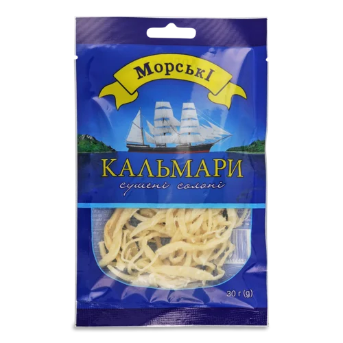 Кальмари сушені солоні морські в/с, 30г