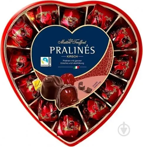 Цукерки Maitre Truffout Pralines Червоне серце, чорний шоколад з вишнею та лікером 4%, 140г, 8 шт/ящ