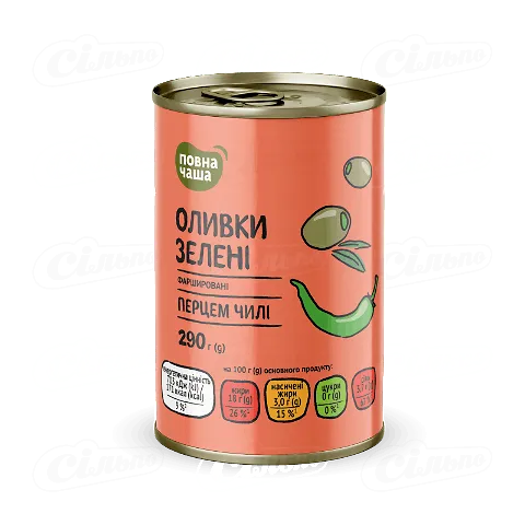 Оливки зелені «Повна Чаша»® фаршировані перцем чилі пастеризовані, 290г