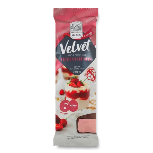 Морозиво Ескімо Полуничне Velvet Лімо, 75г, в/молочній глазурі, з замінником цукру