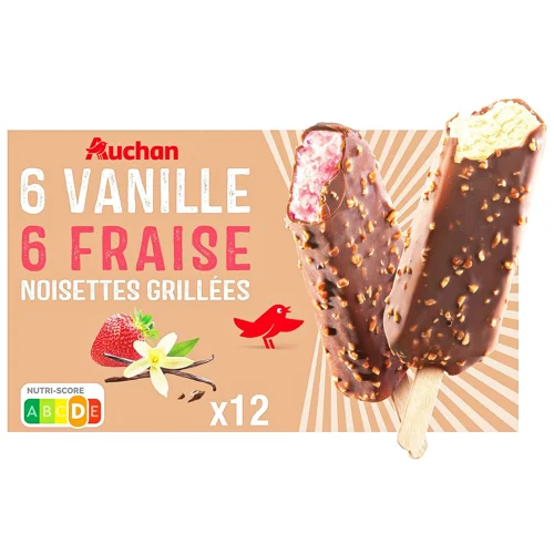 Морозиво Auchan ваніль полуниця в шоколаді 12шт 450г