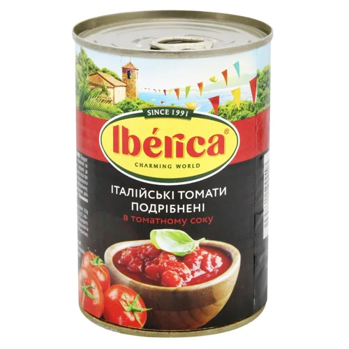Томати Iberica очищені різані в томатному соку 400г