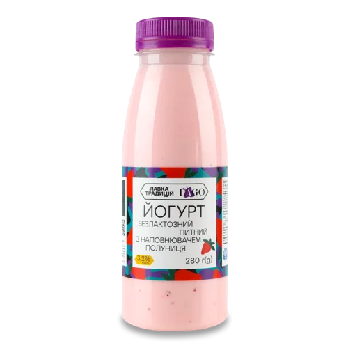 Йогурт Питний Безлактозний Полуниця Lago, п/пл, 3.2%, 280г