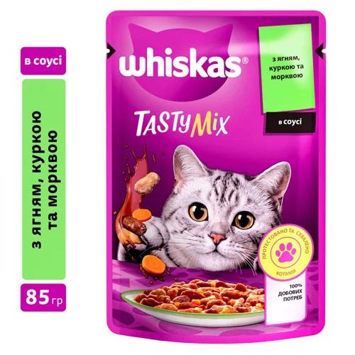 Корм вологий Whiskas Tasty Mix з ягням, куркою та морквою для котів 85г