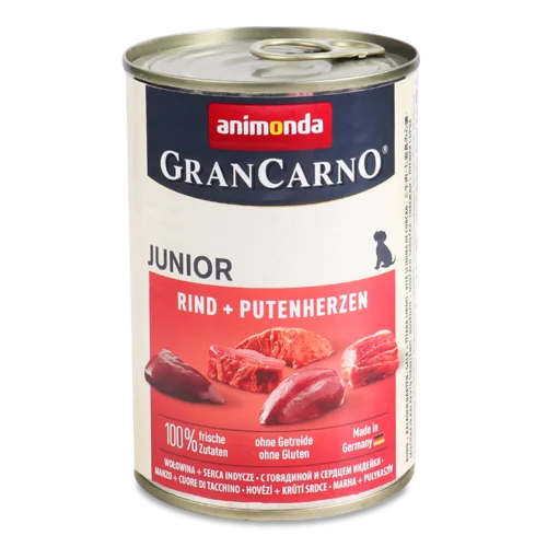 Корм Консервований Залізна Банка Rind-Putenherzen Junior Gran Carno Animonda, в/ґ, 400г