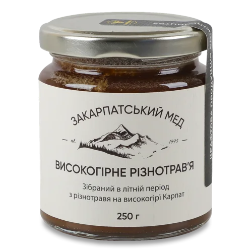 Мед Натуральний Закарпатський Високогірне Різнотрав'я, Медовий Край, скляна банка 250г