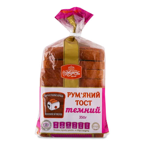 Хліб Половинка В Нарізці Пшенично-Житній Тостовий Формовий Темний Рум'яний, м/у 350г