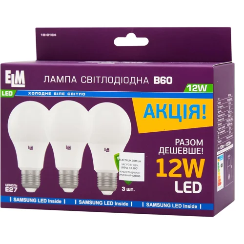 Лампа ELM LED B60 12W PA10S E27 4000 3шт