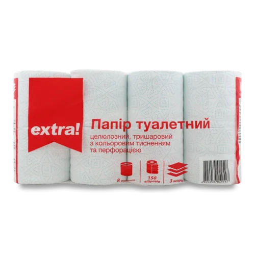 Папір туалетний Extra! з кольоровим тисненням білий 3-шаровий, 8 шт./уп.
