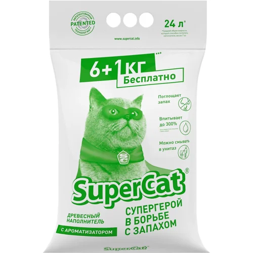 Наповнювач гігієнічний SuperCat для котів деревинний з ароматизатором 6+1кг