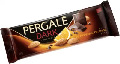 Темний шоколад Pergale з карамелізованим мигдалем і шматочками апельсина 220г