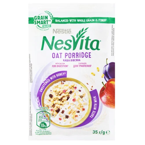 Каша Nesvita вівсяна для травлення з пшеничними пластівцями та шматочками яблук сливи та насінням льону 35г
