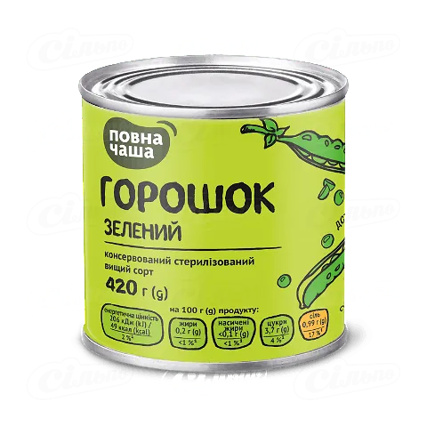 Горошок «Повна Чаша»® зелений консервований, 420г