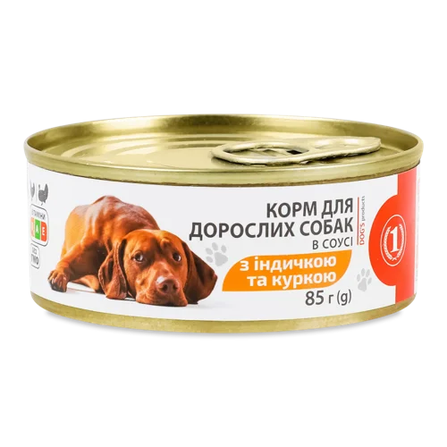 Корм Консервований Повнораціонний Для Дорослих Собак М'ясний З Індичкою Та Куркою В Соусі, з/б 85г