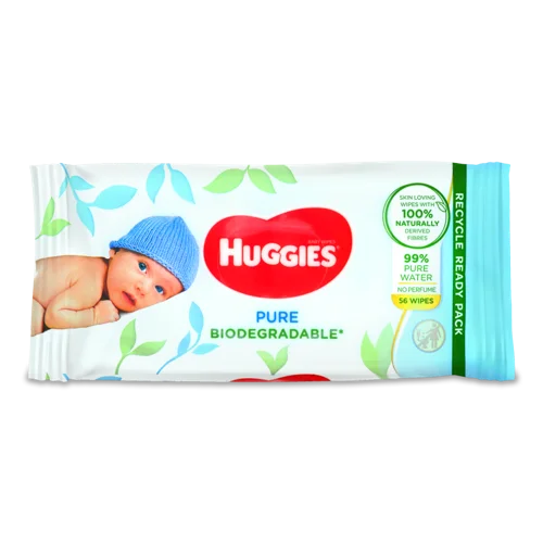 Вологі Серветки Дитячі Biodegradable Pure Huggies, Багатошарові, 56 шт