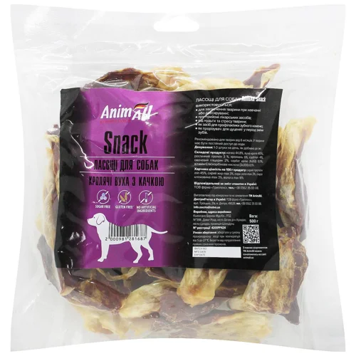 Ласощі для собак AnimAll Snack кролячі вуха з м'ясом качки 500г