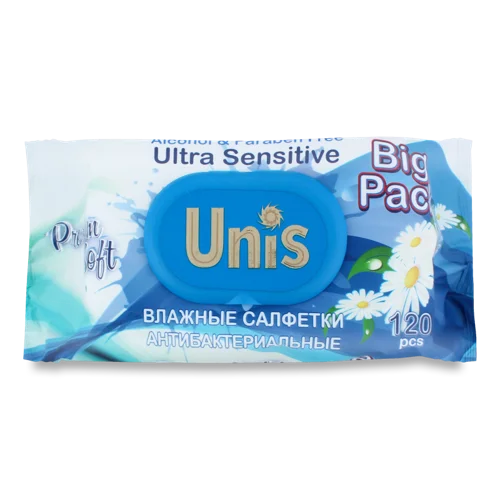 Вологі Антибактеріальні Серветки з Екстрактом Ромашки Ultra Sensitive Unis, 120шт