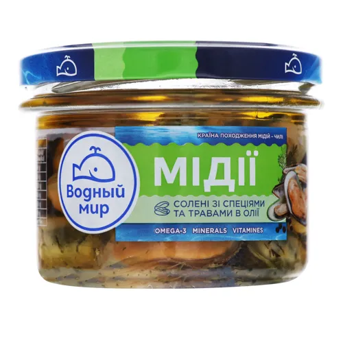 Мідії солені зі спеціями та травами в олії Водний Світ 170г