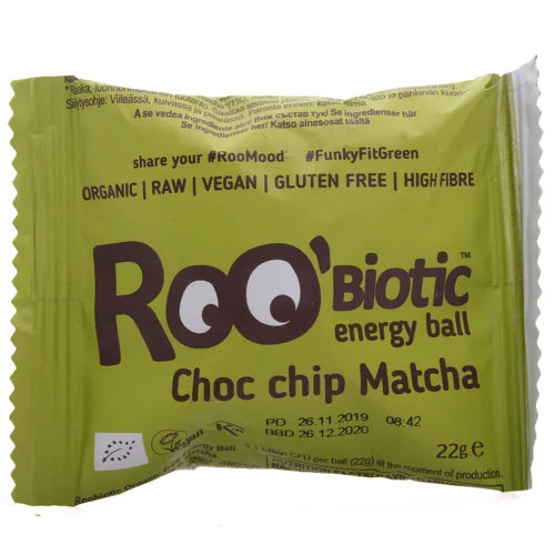 Батончик Roo`Biotic енергетичний зі шматочками шоколаду та чаєм матча,22г