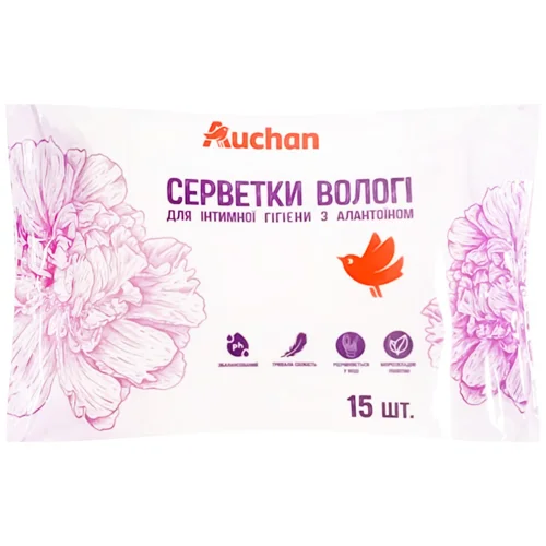 Серветки вологі Auchan для інтимної гігієни з алантоїном 15шт
