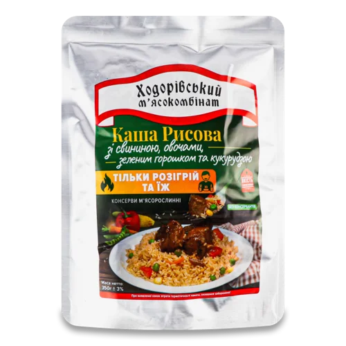 Каша Рисова Зі Свининою, Овочами, Зеленим Горошком Та Кукурудзою, в/к, 350г