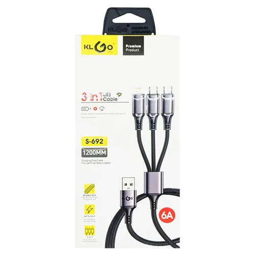Кабель Klgo передачі даних 3в1 1,2м 6А S-692
