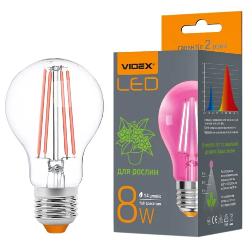 Лампа Videx LED Filament для рослин A60FF 8W E27 1200K