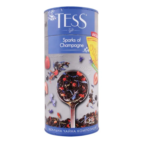 Суміш чаю чорного та зеленого байхових листових з пелюстками квітів та ароматом суниці Sparks of Champagne Tess тубус 90г
